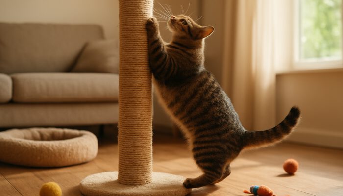 Playful cat scratching a tall sisal post, leaping among toys and a cozy bed in a sunny living room.