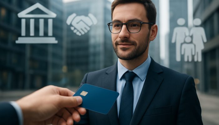 Delegating Card Control to a Trusted Individual: Essential UK Guidance | DCL Trustworthy person receiving credit card in UK cityscape, handshake, banking icons, and family portraits symbolising secure financial transfer.