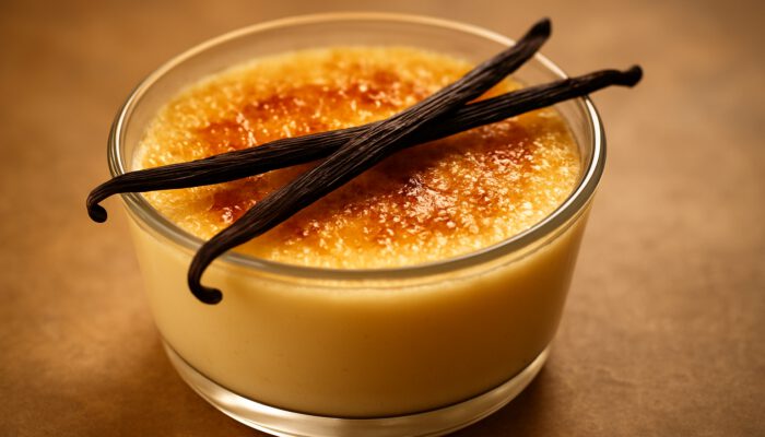 Creamy vanilla bean custard in a glass bowl, adorned with fresh pods and a golden caramelised top.