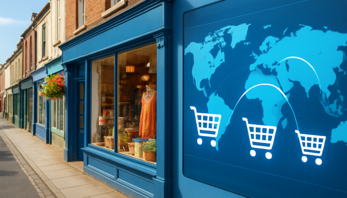 Lively Bridport shop blending with WooCommerce e-commerce carts and global maps for UK business expansion.