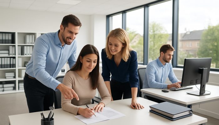 Modern office in Yeovil featuring spotless desks, organised files, and focused employees benefiting from natural light.