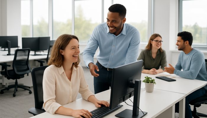 A contemporary Ilchester office featuring immaculate desks, ergonomic workstations, and content employees collaborating.