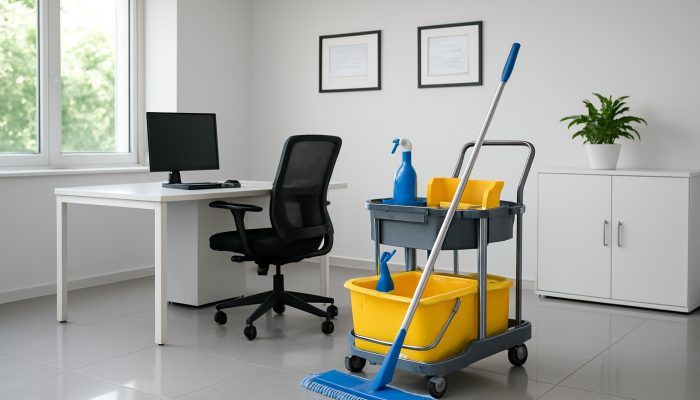 A tidy Ilchester office featuring shiny surfaces and framed certificates from the British Institute of Cleaning Science.