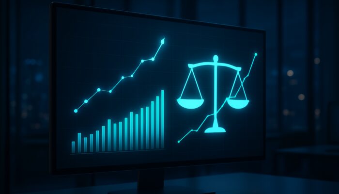 A modern financial dashboard showcasing the Calmar Ratio, upward-trending stocks, and a risk-return balance in a contemporary office.