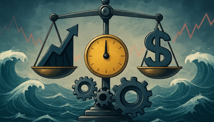 A financial scale balancing the Calmar Ratio amidst stock market fluctuations and gears adjusting for volatility and risk.