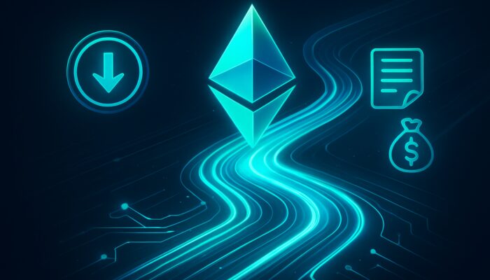 Neon blue-green visual depicting declining Ethereum gas fees through optimised glowing blockchain pathways.