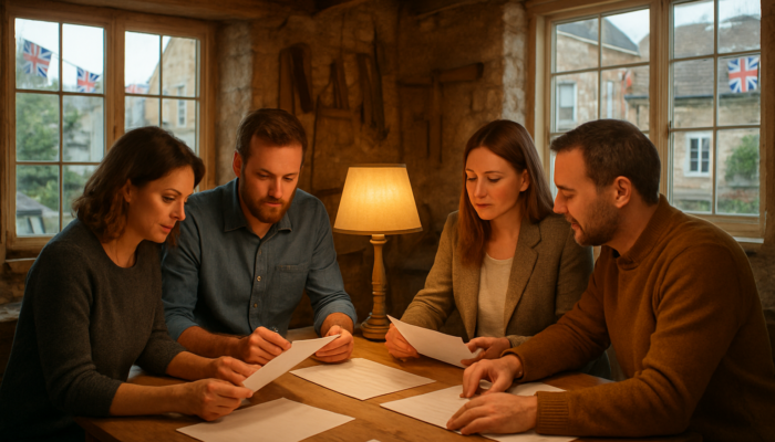 Business owners collaborating at cosy Midsomer Norton workshop reviewing documents under warm lamplight.
