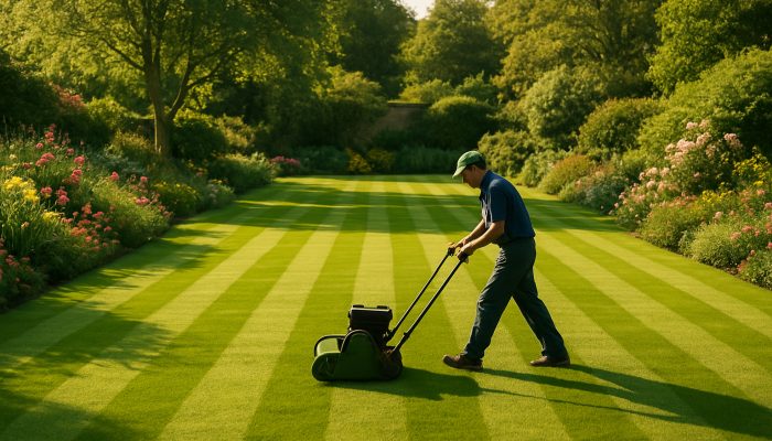 Gardener carefully mowing a perfectly striped lush lawn in a tranquil Yeovil garden with blooming flowers.