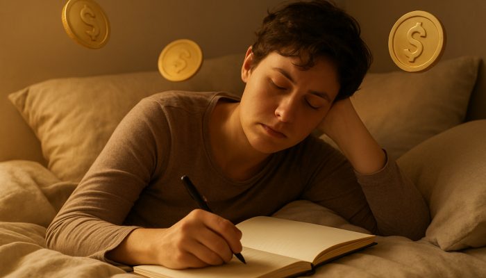 Fatigued individual resting in bed writing a gentle debt repayment plan in a journal with warm golden light