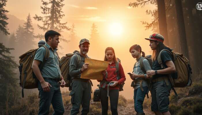 A diverse group of first-time explorers at the edge of a misty forest, examining a map and compass, equipped with backpacks and safety gear as the golden dawn breaks.