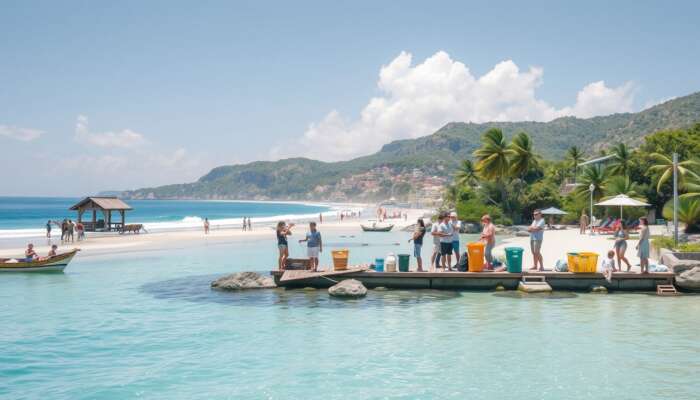 Tourists sorting waste into eco-friendly bins, observing wildlife from a distance, and utilising renewable energy at pristine coastal beaches with clear blue waters.