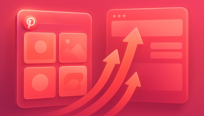 Illustration of Pinterest promoted pins directing traffic arrows to website dashboard in pink tones