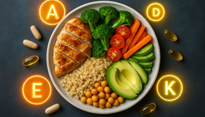 Balanced plate featuring protein, carbohydrate, and fat sections alongside supplement capsules and vitamin icons