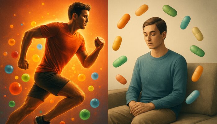 Contrasting illustration of an energetic athlete with antioxidant multivitamins beside a serene sedentary figure with nutrient capsules.