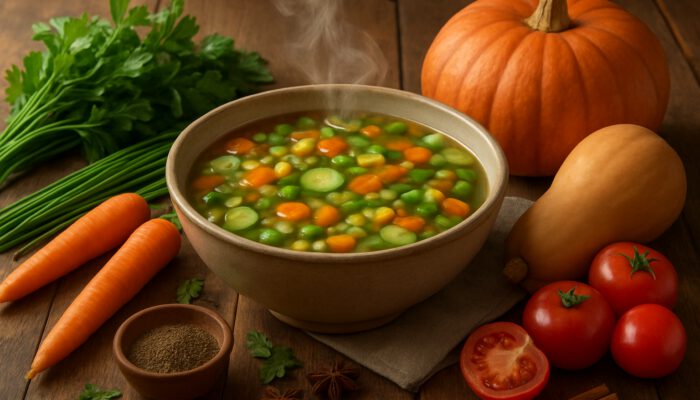 Steaming bowl of colourful homemade soup with fresh seasonal ingredients on rustic table