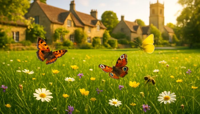 Freshly mowed lawn in Haselbury Plucknett with wildflowers, butterflies, and bees under the golden sunlight.