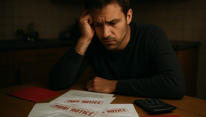 Signs Support Is Harming Your Finances: Identify The Risks | DCL Concerned individual at dim table with overdue gas, electricity and water bills marked final notice