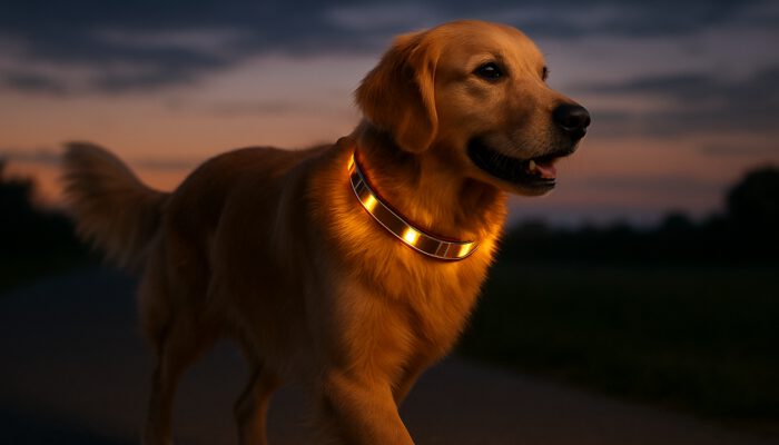Golden retriever at dusk wearing a glowing solar-powered LED collar with solar panels for increased visibility.