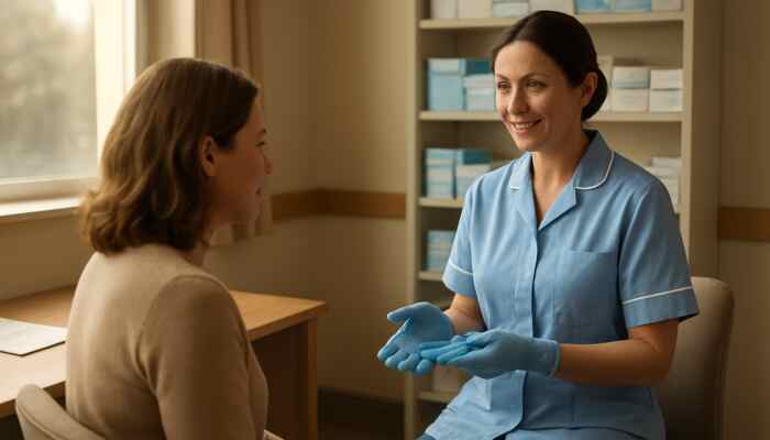 Friendly nurse advising patient on sterile gloves in a welcoming British GP clinic with NHS shelves.