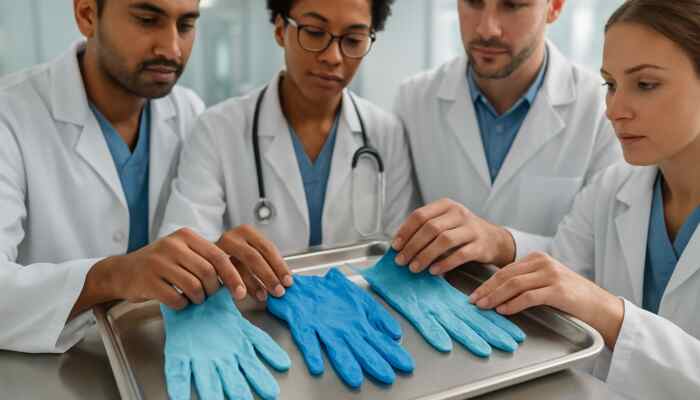 Diverse medical professionals examining a variety of sterile nitrile, latex, and vinyl gloves on a tray