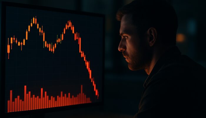 Trader analysing a glowing candlestick chart featuring a head-and-shoulders pattern and red volume bars in a dimly lit office.