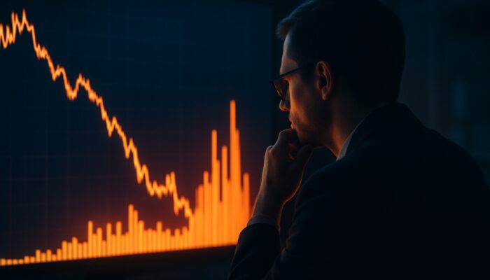 Trader analysing glowing charts with rising volume bars and flat prices in a dimly lit office.