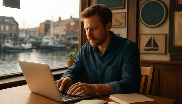 Writer composing expert blog content for Gloucester small businesses in a sunlit harbour café