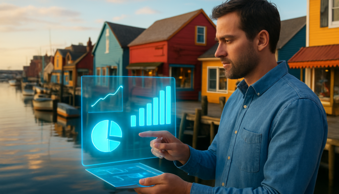 Business owner in Gloucester harbour analysing holographic charts of page views, bounce rates, and shares