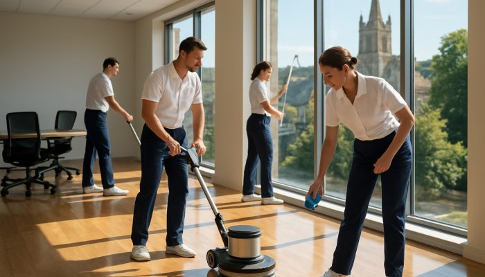 Professional cleaners ensuring spotless floors and windows in a bright office setting in Crewkerne.