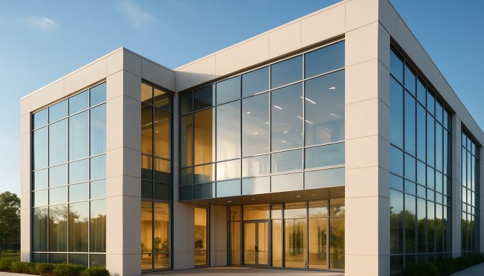 Modern commercial structure featuring pristine gleaming windows and sunlit welcoming interiors.