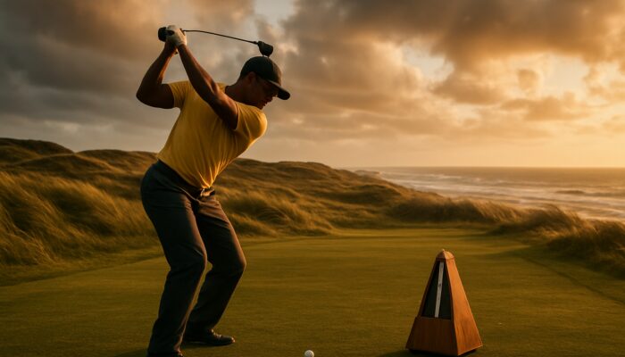 Focused South African golfer mid-swing with metronome on breezy coastal fairway during golden hour