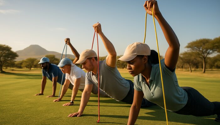 Diverse golfers performing planks and resistance band presses on a sun-drenched South African savanna golf course.