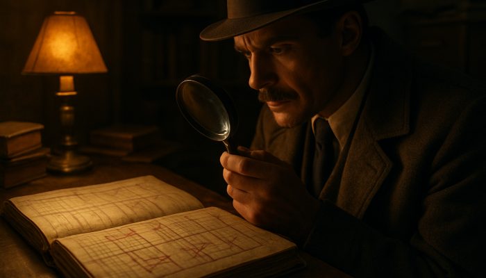 Vintage investigator examining settled accounts in dusty ledger with magnifying glass