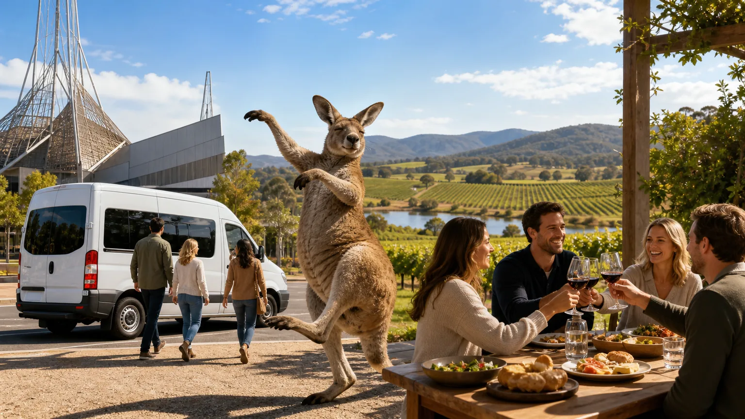 Fixed Itinerary Tours with Dancing Kangaroo: visual reference for 3. Fixed Itinerary Tours with Dancing Kangaroo: Convenient Pickup from the Arts Centre and Lunch Included