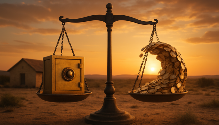 Traditional Beaufort West home: fixed rates represented by a secure figure, variable rates shown with fluctuating coins, under a balancing scale at dusk.
