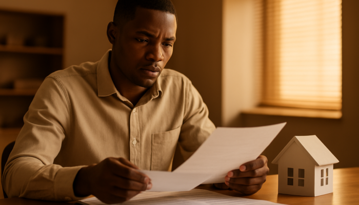 Focused South African applicant analysing payslips and contracts for home loan at the bank.