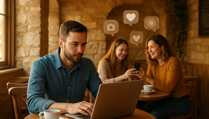 Café owner in Cirencester examines Instagram posts on laptop surrounded by happy patrons in warm light