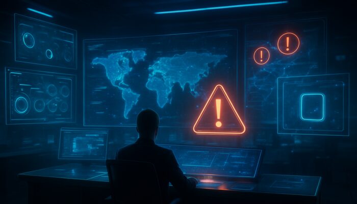 Futuristic command centre with glowing holographic dashboards showing real-time competitor alerts and product launches in blue light.