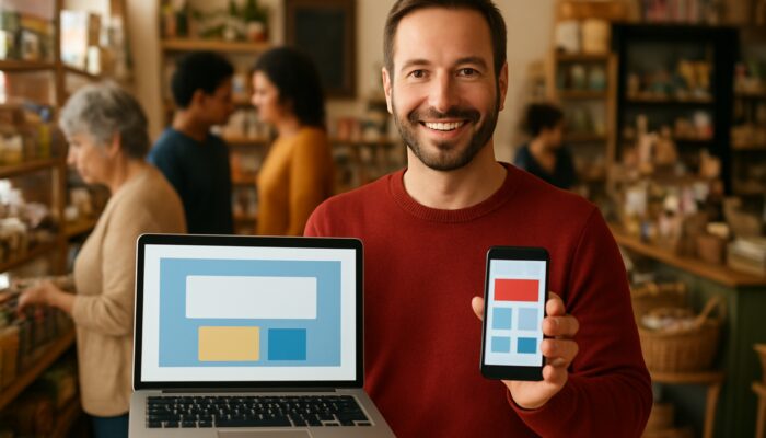 Shop owner in Tidworth displaying a mobile-optimised website on a laptop while communicating with customers on a smartphone.
