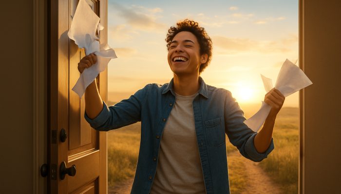 Person relieved from debt bills stepping through an open door into a sunlit horizon representing new beginnings.