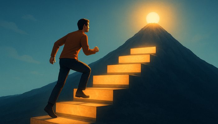 Individual stepping towards financial independence by reaching for labeled savings stones.