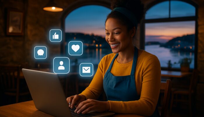 Small business owner managing social media on a laptop in a Kingsbridge coastal café overlooking the glowing Devon estuary at dusk.