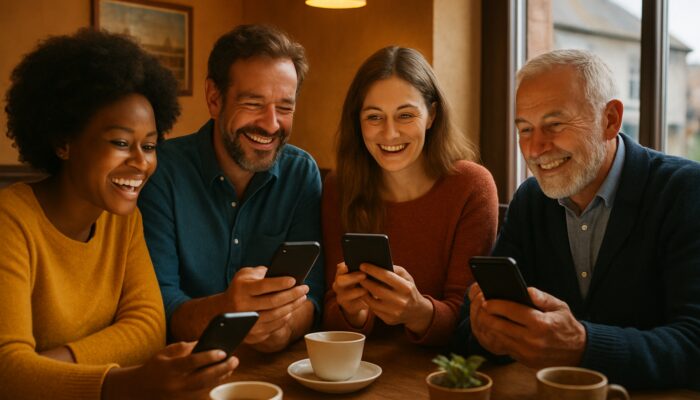 Kingsbridge locals smiling in a cosy café during a live social media Q&A on smartphones.