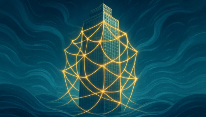 Corporate tower enveloped in glowing regulatory networks amidst dynamic markets, symbolising transparency and investor trust.