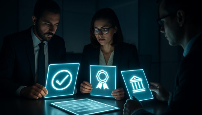 Corporate auditors assessing compliance with regulatory documents and governance structures