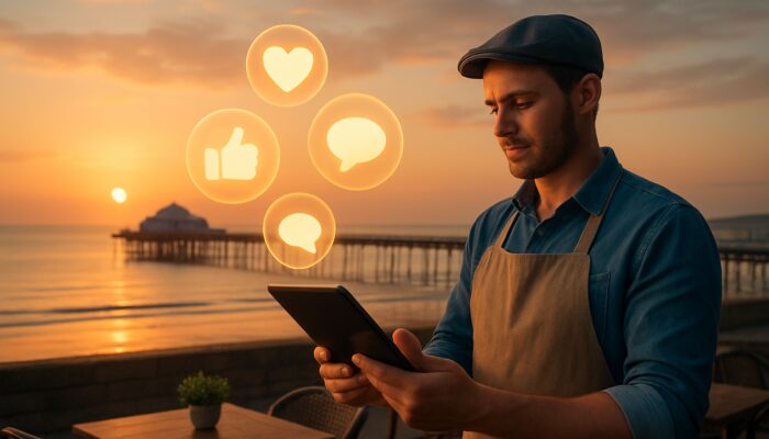 Café owner reviews impressive social media metrics on tablet above Weston-super-Mare pier at sunset