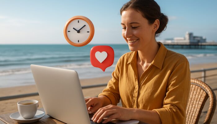 Small business owner organising social media posts on laptop at Weston-super-Mare seaside café