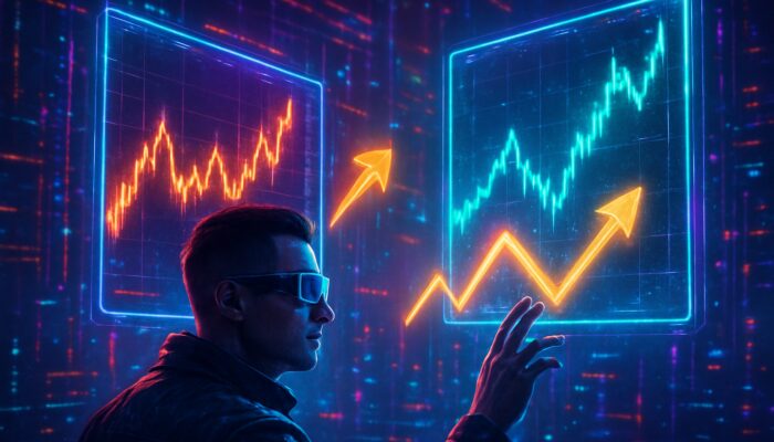 Cyberpunk trader scanning holographic crypto charts for arbitrage opportunities.