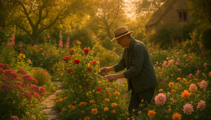 Gardener pruning roses in a vibrant Martock cottage garden at golden hour, surrounded by stone pathways.
