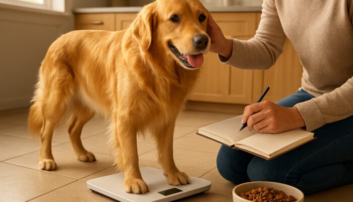 Owner weighing energetic golden retriever on scale while assessing coat in sunlit kitchen